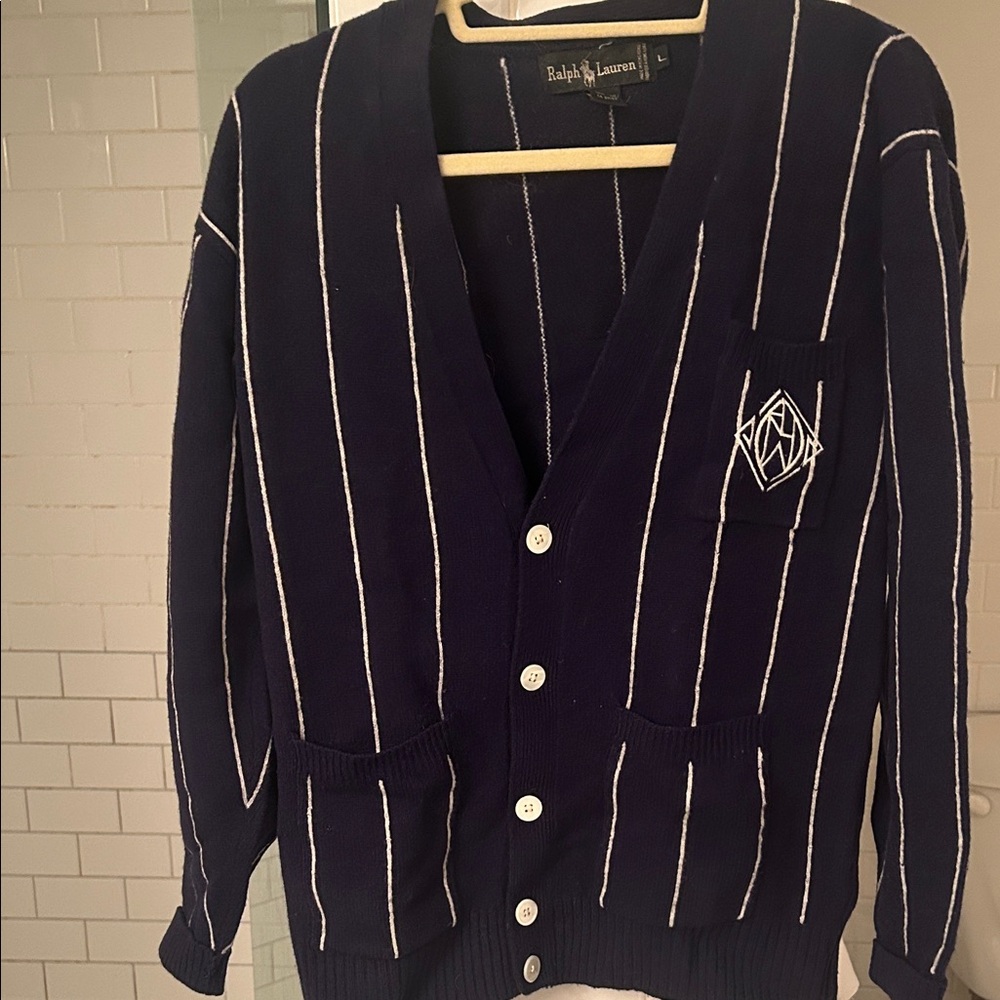 Vintage Ralph Lauren Navy and White Striped Cardigan - Picture 1 of 4